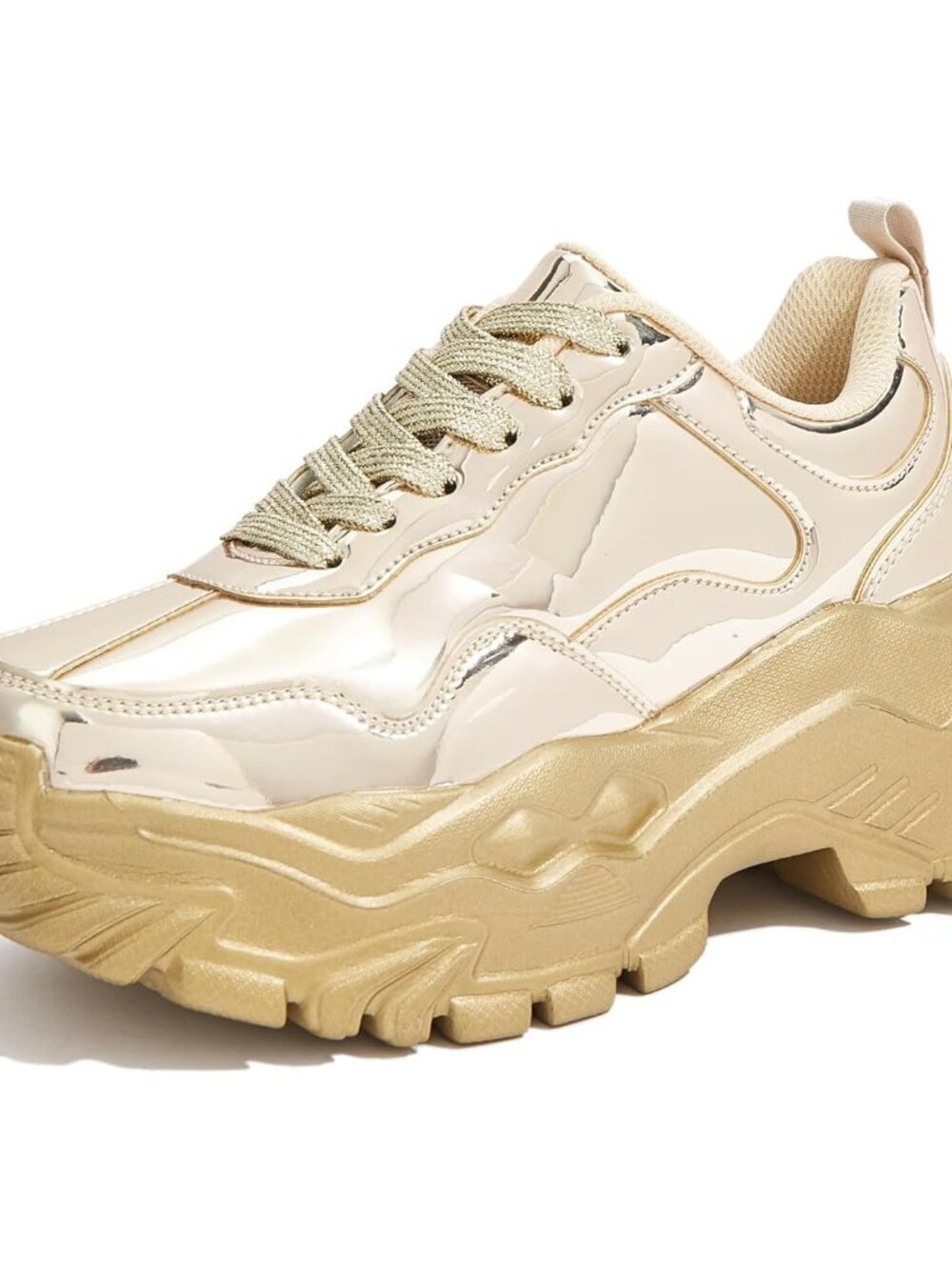 Women's Gold Hologram Chunky Lace Up Shoes Comfortable Walking Sneakers Shoes
